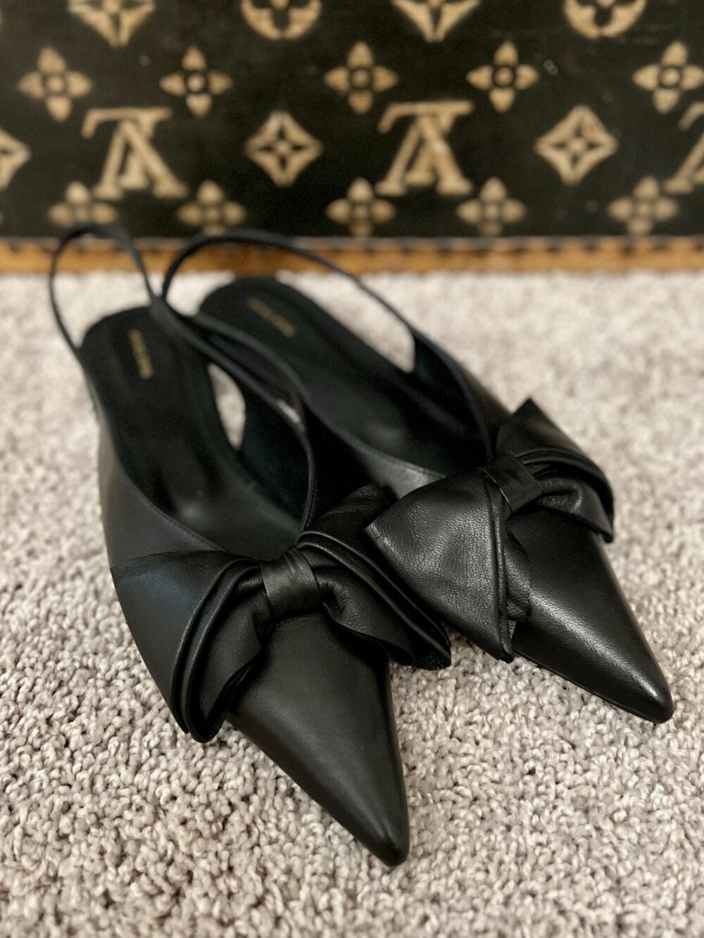 Anine Bing Black Leather Nina Slingback Bow Flats